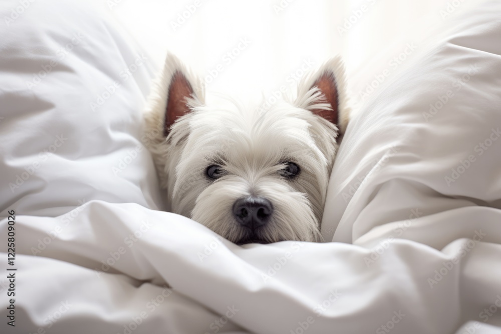 Westie Dog Relaxing in Bed with Pillow and Cozy Blanket. High Key Image with Cute Accommodation