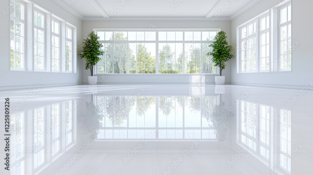 Fototapeta premium Bright white room, large windows, trees outside, shiny floor, home interior design