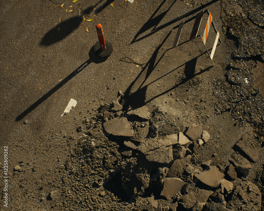 Roadside construction area in sunlight during a sunny day. High angle view. 3D render.
