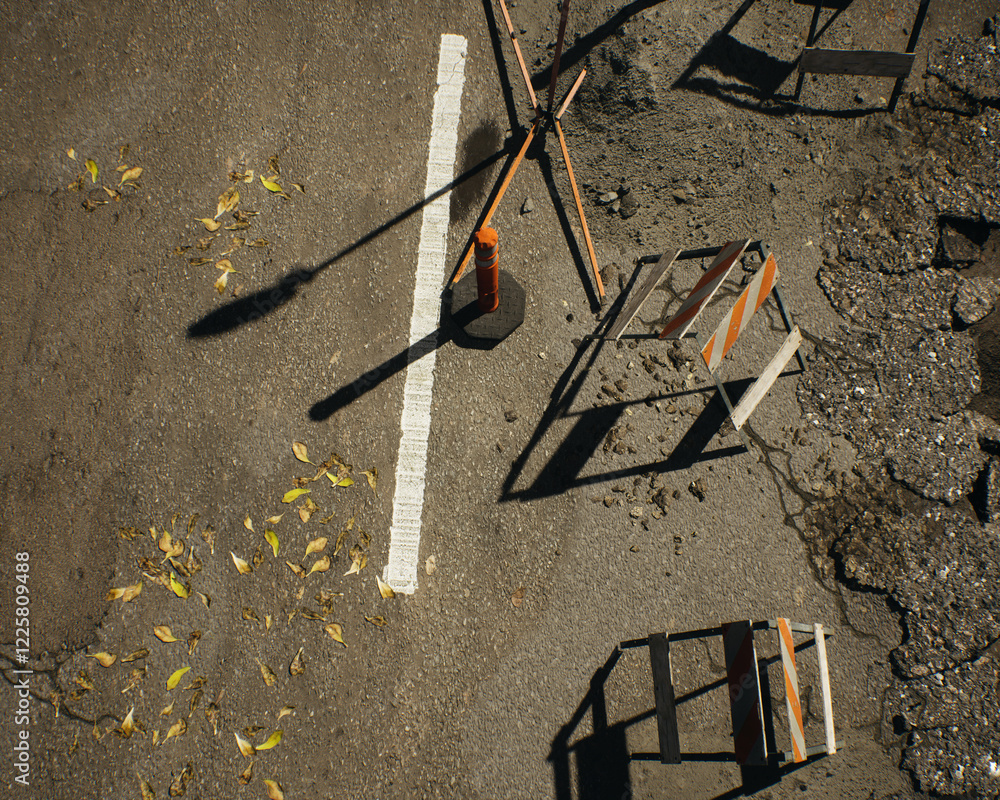 Roadside construction area in sunlight during a sunny day. High angle view. 3D render.