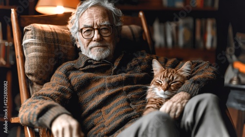 An elderly man sits comfortably in a rustic armchair, wearing a knitted sweater, with an orange tabby cat curled up in his lap.