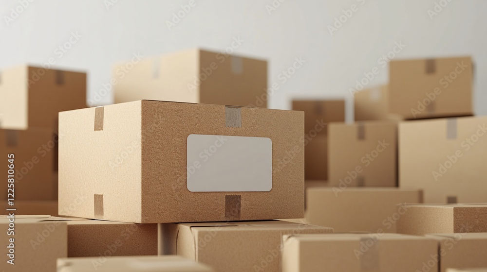 Cardboard box standing out from the crowd with a blank label Cardboard box standing out from the crowd with a blank label