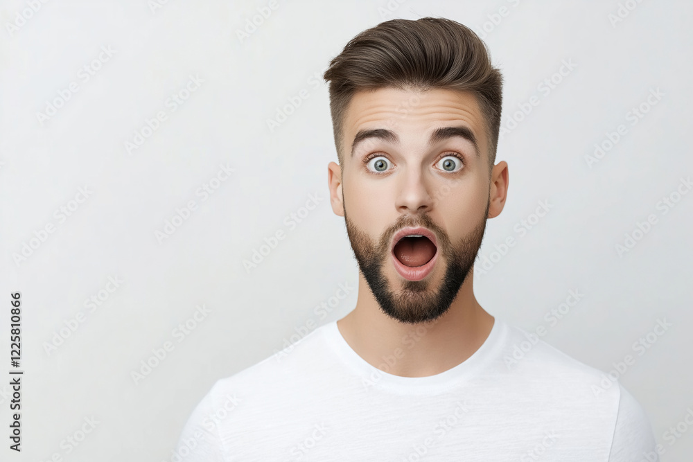 Young man expresses surprise with wide eyes and open mouth against a neutral background Young man expresses surprise with wide eyes and open mouth against a neutral background