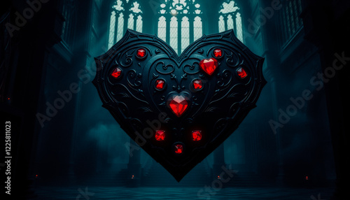 An ornate black heart with red glowing gemstones levitates in a dimly lit gothic cathedral, creating a mysterious atmosphere. photo