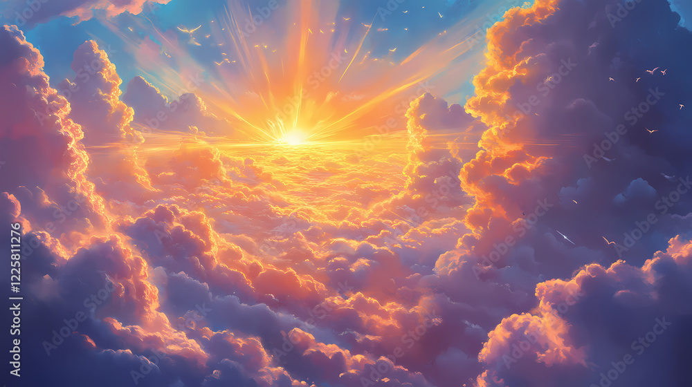 Fototapeta premium Sunlight shines through a sea of clouds symbolizing divine presence and the promise of hope and afterlife in the eternal sky. Eternal Sky. Illustration