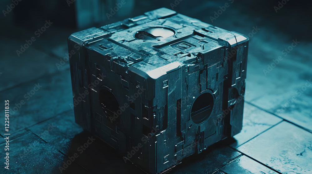 Obraz premium Abstract futuristic metal cube. Science fiction block design. 3D rendering