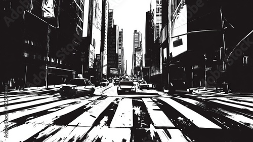 A detailed black-and-white graphic depiction of a city crosswalk and street scene, sketched in a clean, modern style