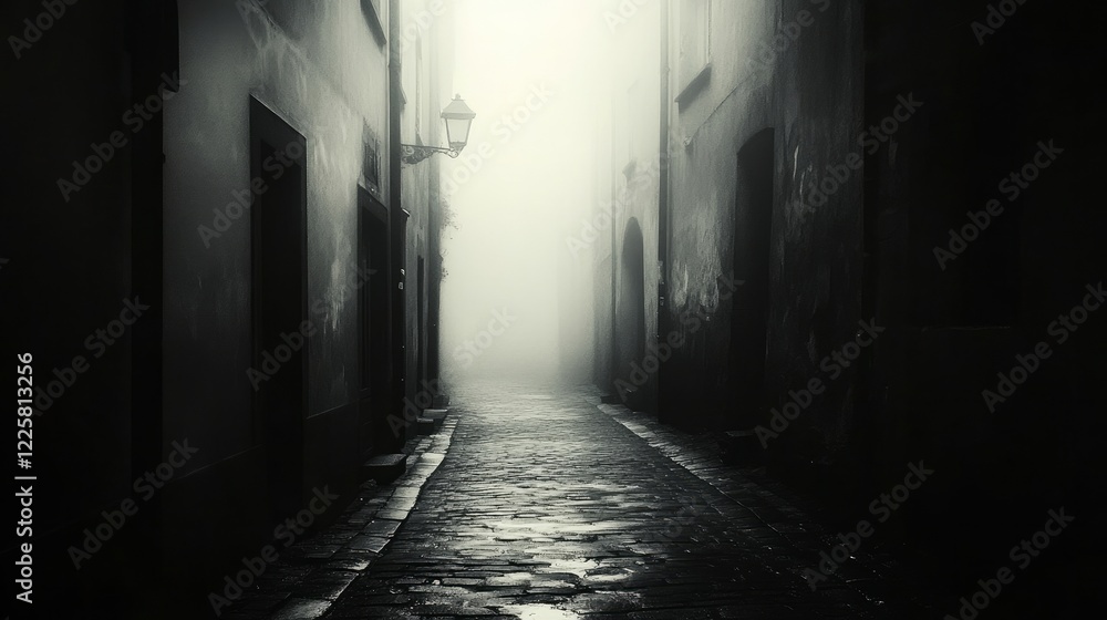 A dimly lit, desolate city street shrouded in foggy darkness, evoking a crime-filled ambiance. Perfect backdrop for eerie scenes or narratives A dimly lit, desolate city street shrouded in foggy darkness, evoking a crime-filled ambiance. Perfect backdrop for eerie scenes or narratives