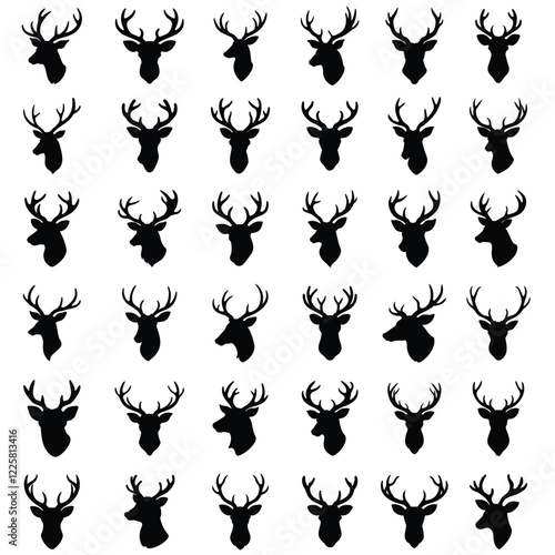 A set of mule deer head vector silhouette isolated,Deer head silhouette, Horned elk, stag, reindeer character mascot,deer icon, logo, badge, sticker, stencil