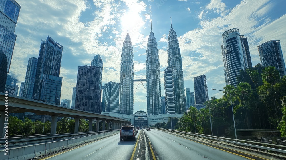 Fototapeta premium A modern city highway flanked by towering skyscrapers and framed by a bright, cloud-filled sky offers a bustling urban perspective
