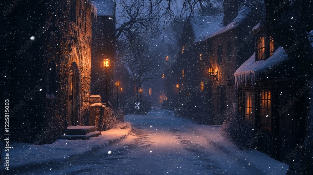 A quiet street blanketed in snow during a winter night, exuding a serene and frosty atmosphere A quiet street blanketed in snow during a winter night, exuding a serene and frosty atmosphere