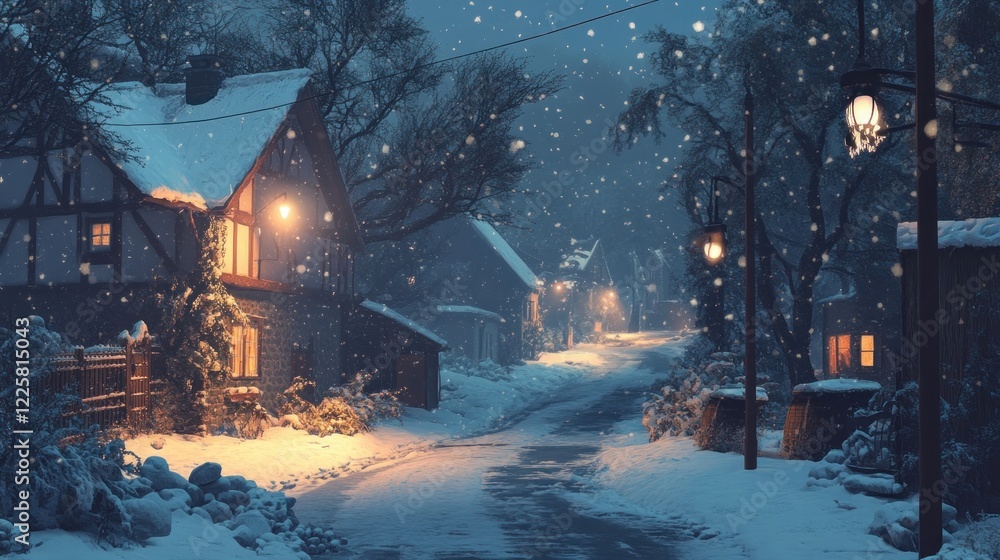 A quiet street blanketed in snow during a winter night, exuding a serene and frosty atmosphere A quiet street blanketed in snow during a winter night, exuding a serene and frosty atmosphere
