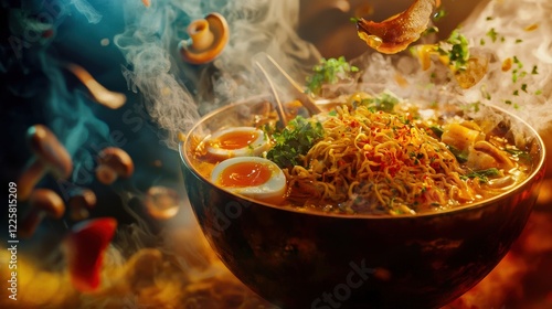 A steaming bowl of ramen features swirling broth in misty tendrils, vibrant toppings like soft-boiled eggs, mushrooms, and fresh herbs, all set in a warm, ambient, and moody lighting environment. photo