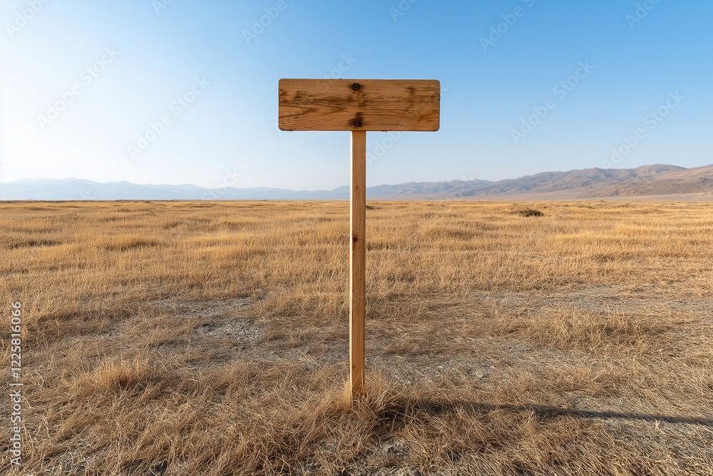 Empty wooden signpost in a vast dry landscape under a clear blue sky Empty wooden signpost in a vast dry landscape under a clear blue sky