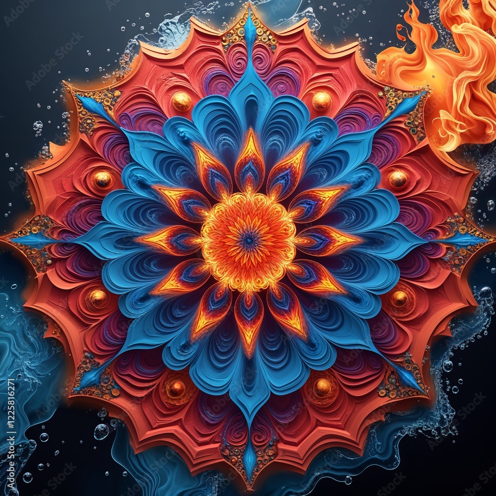 Fiery Mandala Art with Orange Flames and Blue Water Elements on Dark Background Fiery Mandala Art with Orange Flames and Blue Water Elements on Dark Background