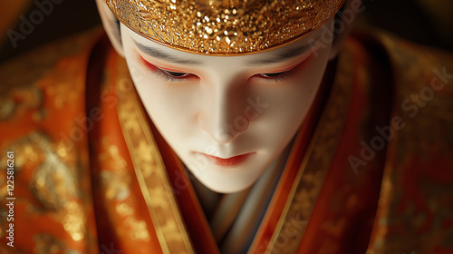 Close-up of a Hinamatsuri emperor doll with intricate gold crown and elaborate orange robes, exuding royal elegance photo