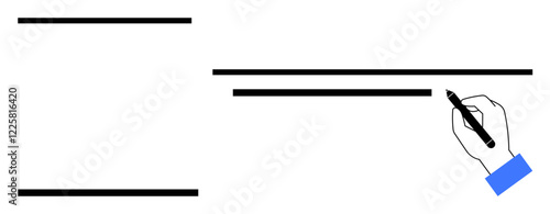 Hand holding pen writing on horizontal lines, symbolizing document creation, editing, organization, or note-taking. Ideal for writing, learning, productivity, communication planning creativity