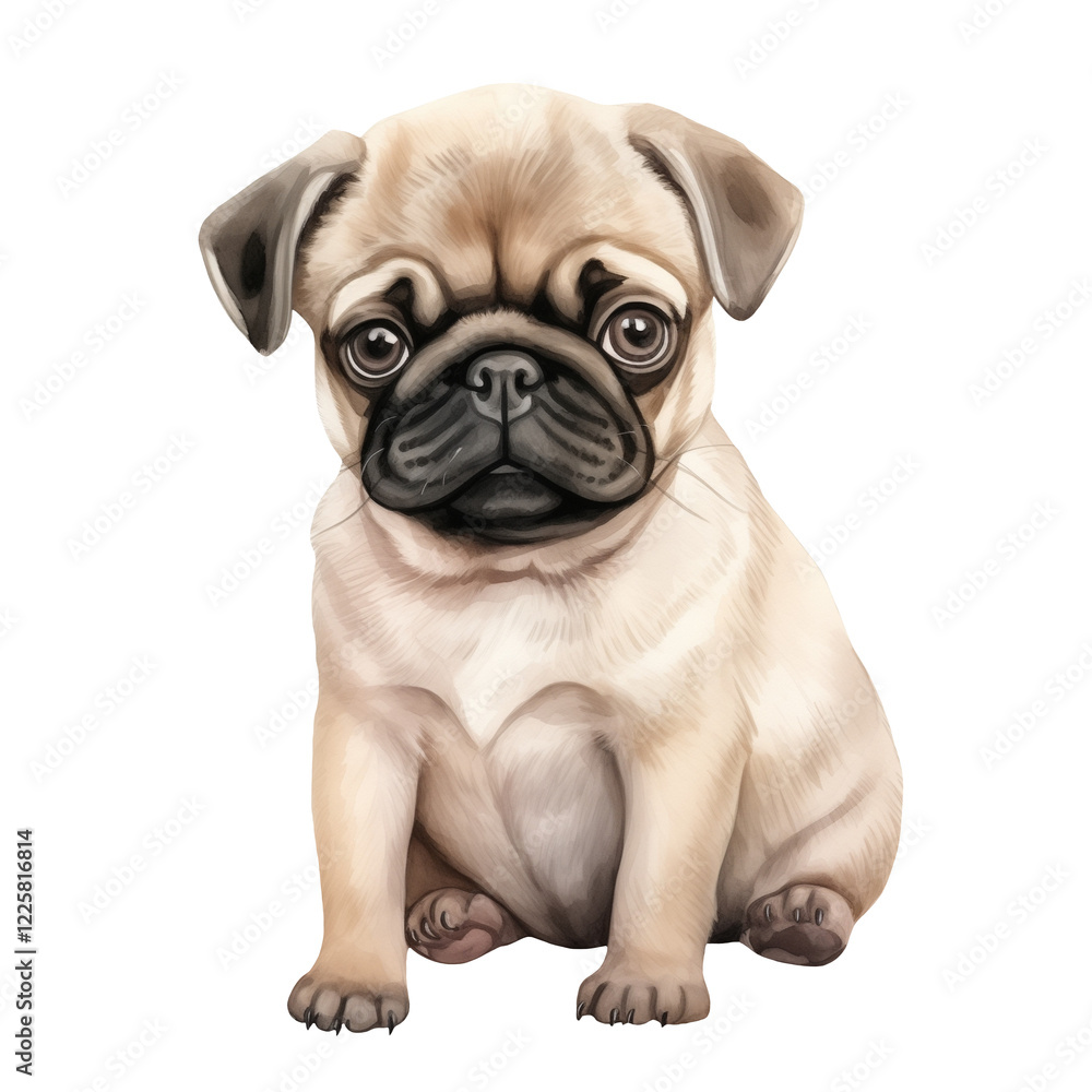 Watercolor Isolated Beige Pug Puppy Sitting Watercolor Isolated Beige Pug Puppy Sitting