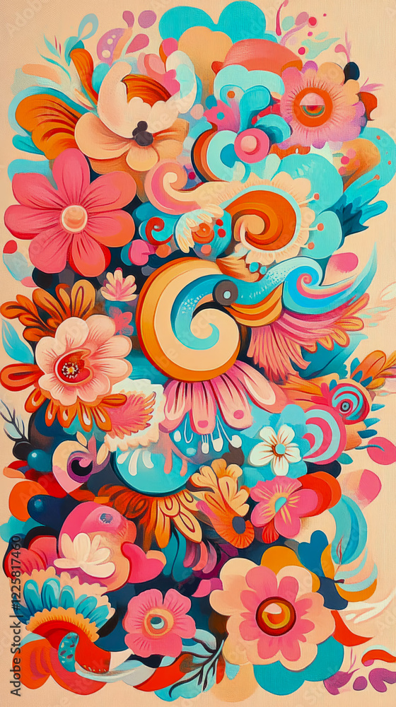 Fototapeta premium Vibrant Floral Abstract Painting: A symphony of swirling colors and organic shapes, featuring a profusion of blossoms in bold hues of pink, orange, and teal, creating a dynamic and joyful composition