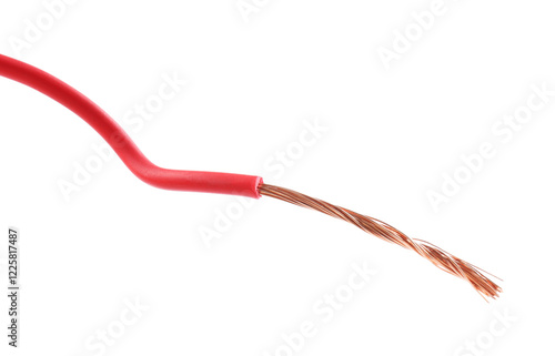 Obraz na plátně Red stripped electrical wire with copper strands on white background