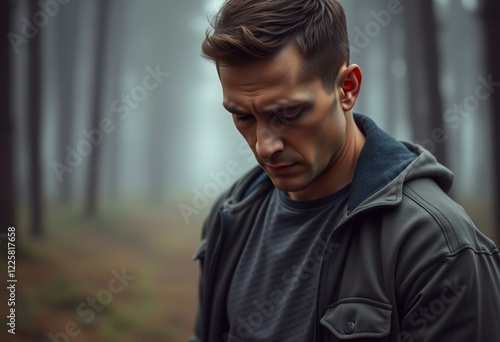 Outdoor portrait of a sad man in a misty forest