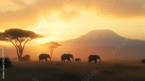 An African elephant family crossing the savanna with Mount Kilimanjaro in the background, symbolizing wildlife preservation photo