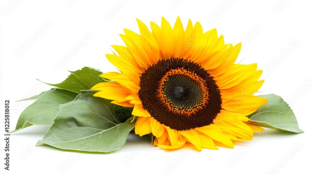 Obraz premium One beautiful sunflower with leaves isolated on white