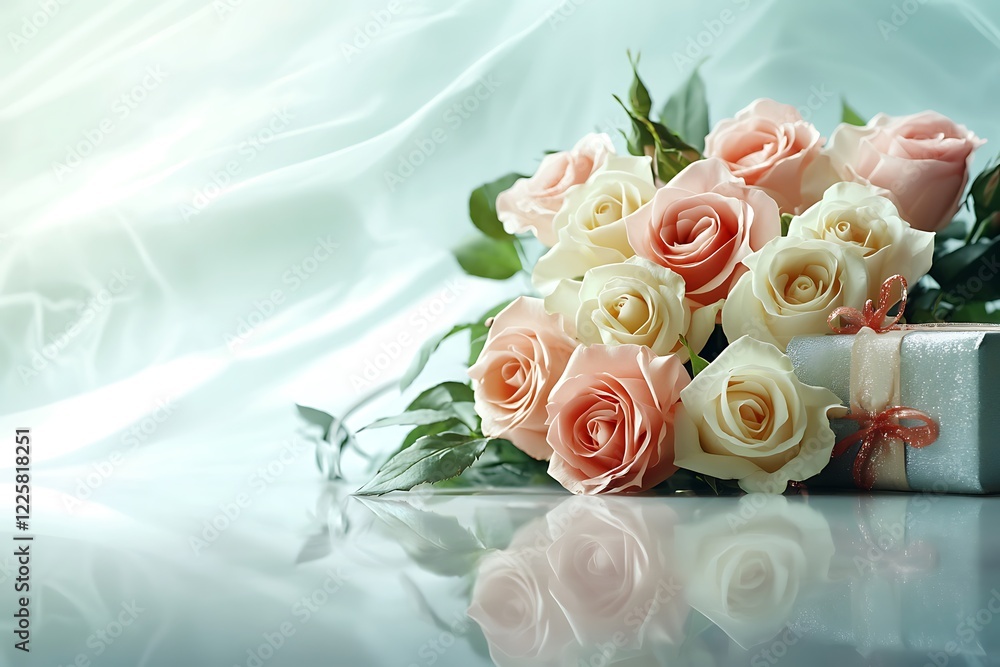 A serene and artistic arrangement of mix roses with a gift, set against a light and airy background. A serene and artistic arrangement of mix roses with a gift, set against a light and airy background.