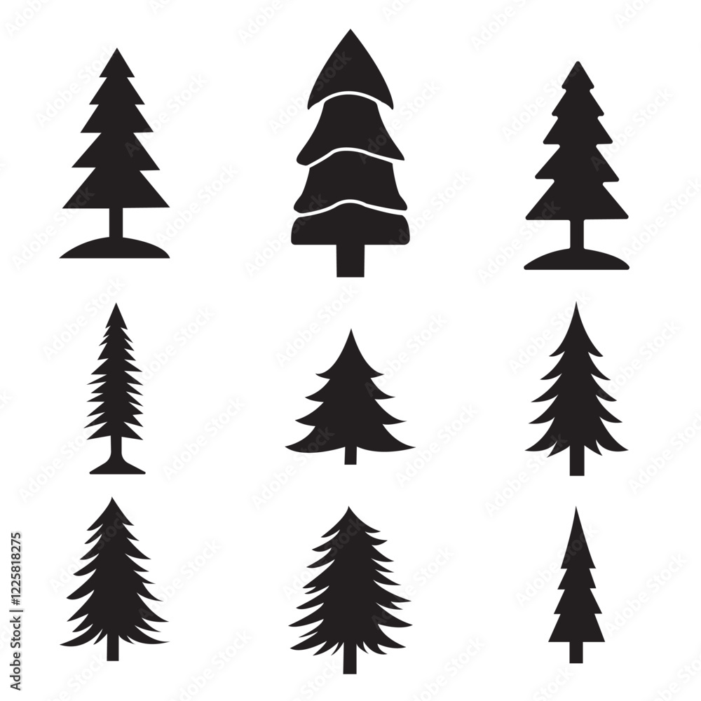 Fototapeta premium Pine Tree Icons Set Silhouette - Nature, Forest, Christmas, Winter, Vector Graphics
