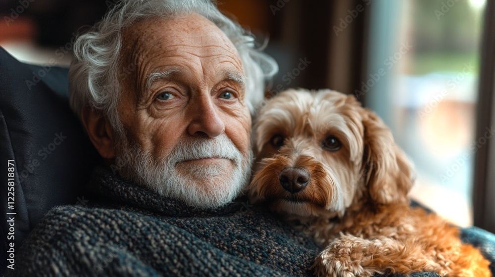 An older gentleman relaxes in a comfortable chair, gently cradling his small dog. Sunlight filters through the window, creating a warm atmosphere filled with tranquility. An older gentleman relaxes in a comfortable chair, gently cradling his small dog. Sunlight filters through the window, creating a warm atmosphere filled with tranquility.