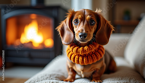 Dachshund puppy wearing a scarf sitting by a cozy fireplace photo