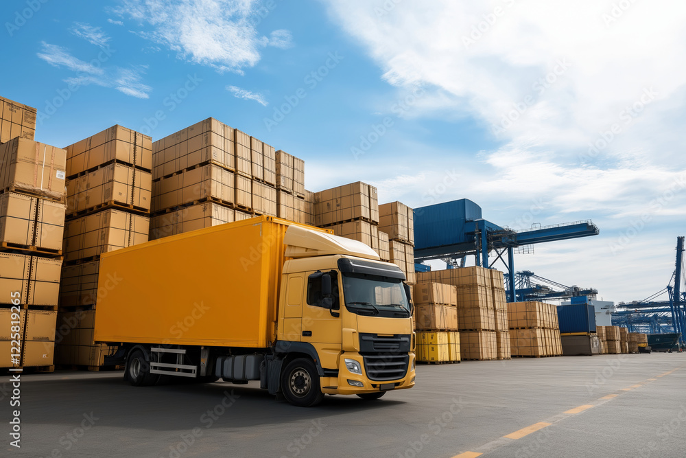 Yellow truck parked at a cargo yard with stacked shipping containers in clear weather Yellow truck parked at a cargo yard with stacked shipping containers in clear weather