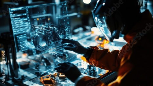 A worker adjusts a complex mechanism while an AR display shows realtime performance metrics and alerts for any deviations from the assembly protocol. photo