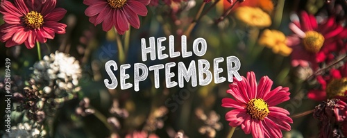 Hello september lettering surrounded by vibrant colorful flowers