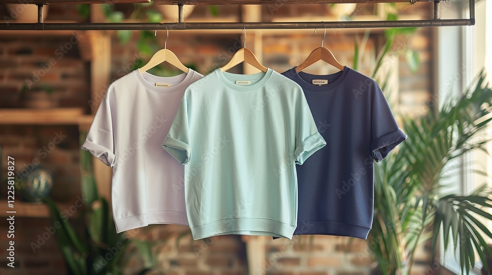 Three pastel-colored t-shirts hanging on wooden hangers in cozy interior with brick wall and plants, casual clothing in white, mint, and navy tones, minimalist and natural style, wardrobe concept
Three pastel-colored t-shirts hanging on wooden hangers in cozy interior with brick wall and plants, casual clothing in white, mint, and navy tones, minimalist and natural style, wardrobe concept