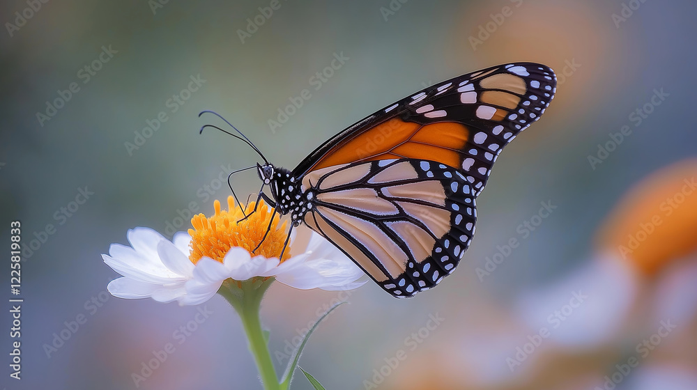 Obraz premium A close-up of a monarch butterfly resting on a flower, symbolizing the delicate beauty of wildlife