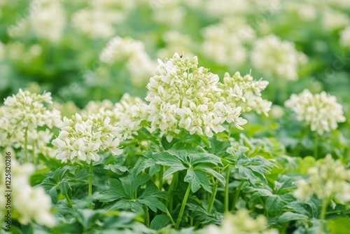 In spring, Aegopodium podagraria, also known as flowering ground elder, blooms photo