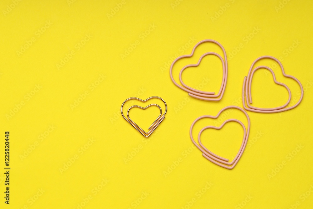 Heart shaped paper clips on yellow background, flat lay. Space for text Heart shaped paper clips on yellow background, flat lay. Space for text