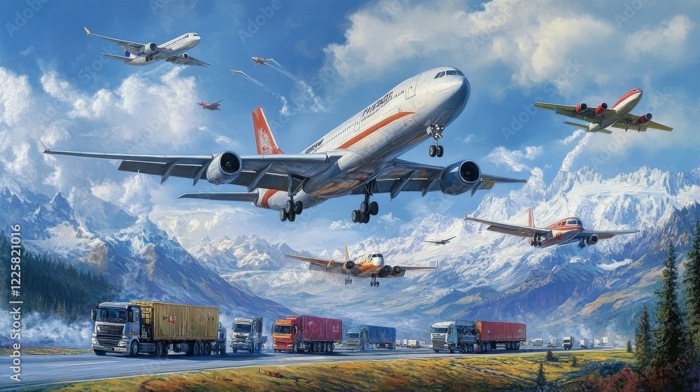 Concept illustration of air cargo transportation around the world. Globe, cargo plane and road transport. Vector illustration.
