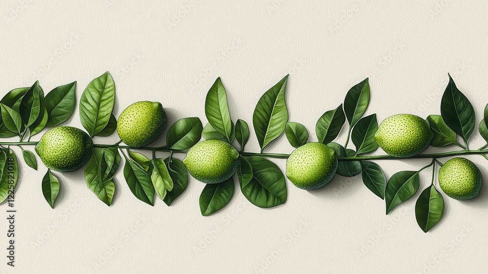 Guava Concept. A row of green Guava with leaves on a light textured background.