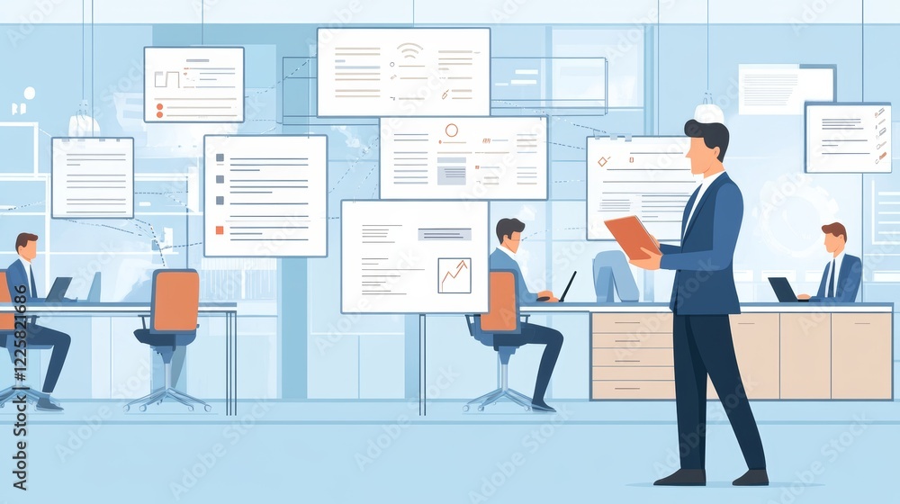 Corporate data management system (DMS) and document management system concept Businessman click (or publish) on document connected with users working on notebooks Wide banner office in background