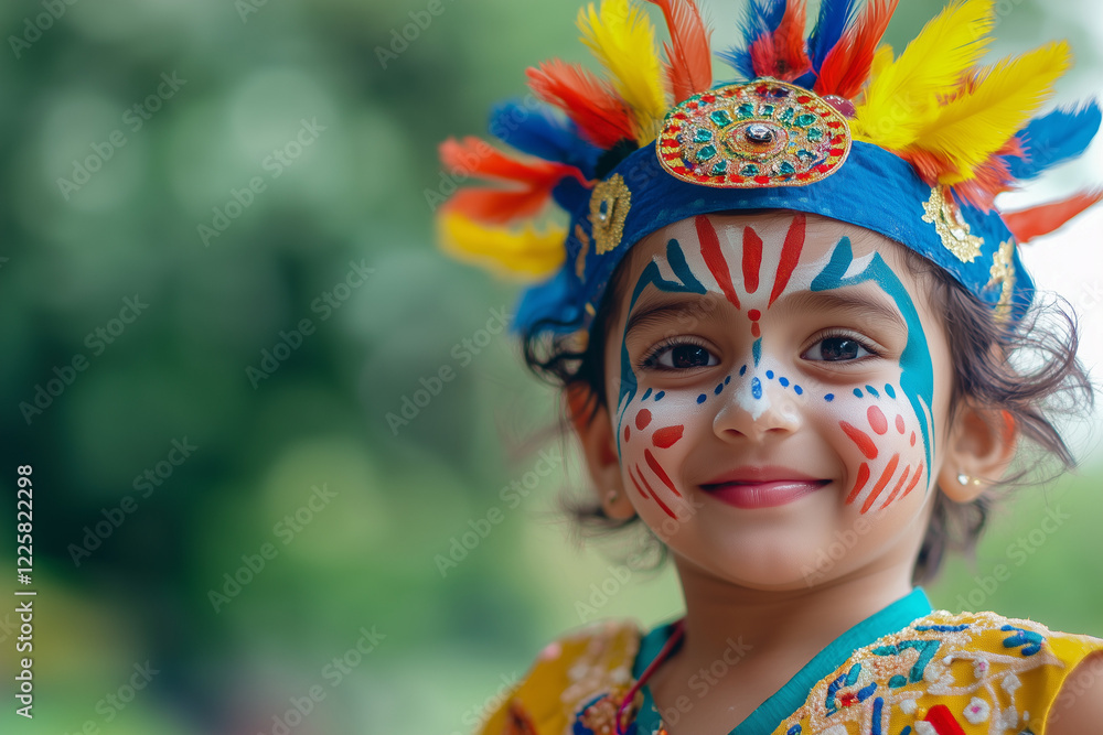 Smiling child with colorful face paint and feathered headdress Smiling child with colorful face paint and feathered headdress