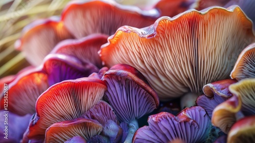 Group mushrooms russule red and purpleCloseupreed backgroundSelective focusConcept freshly harvested fungus photo