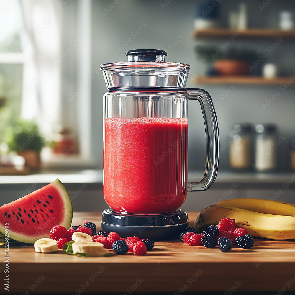 Close-up of a vibrant red smoothie in a sleek, modern kitchen.