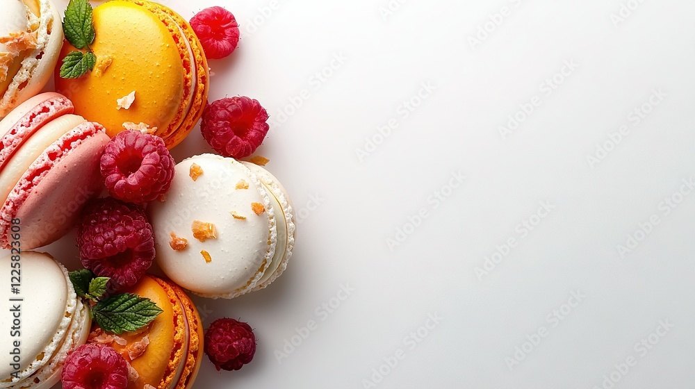 Macaroons and Raspberries Piled High on White Surface Macaroons and Raspberries Piled High on White Surface