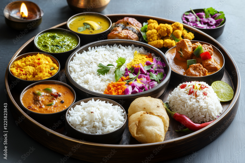 Traditional Indian thali with rice, curries, and sides Traditional Indian thali with rice, curries, and sides