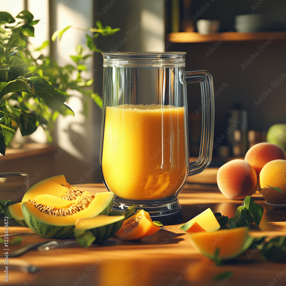Close-up of a vibrant yellow smoothie in a sleek, modern kitchen.