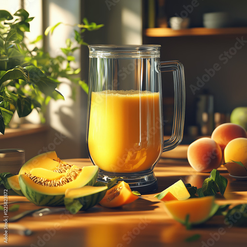 Obraz na płótnie Close-up of a vibrant yellow smoothie in a sleek, modern kitchen. w salonie
