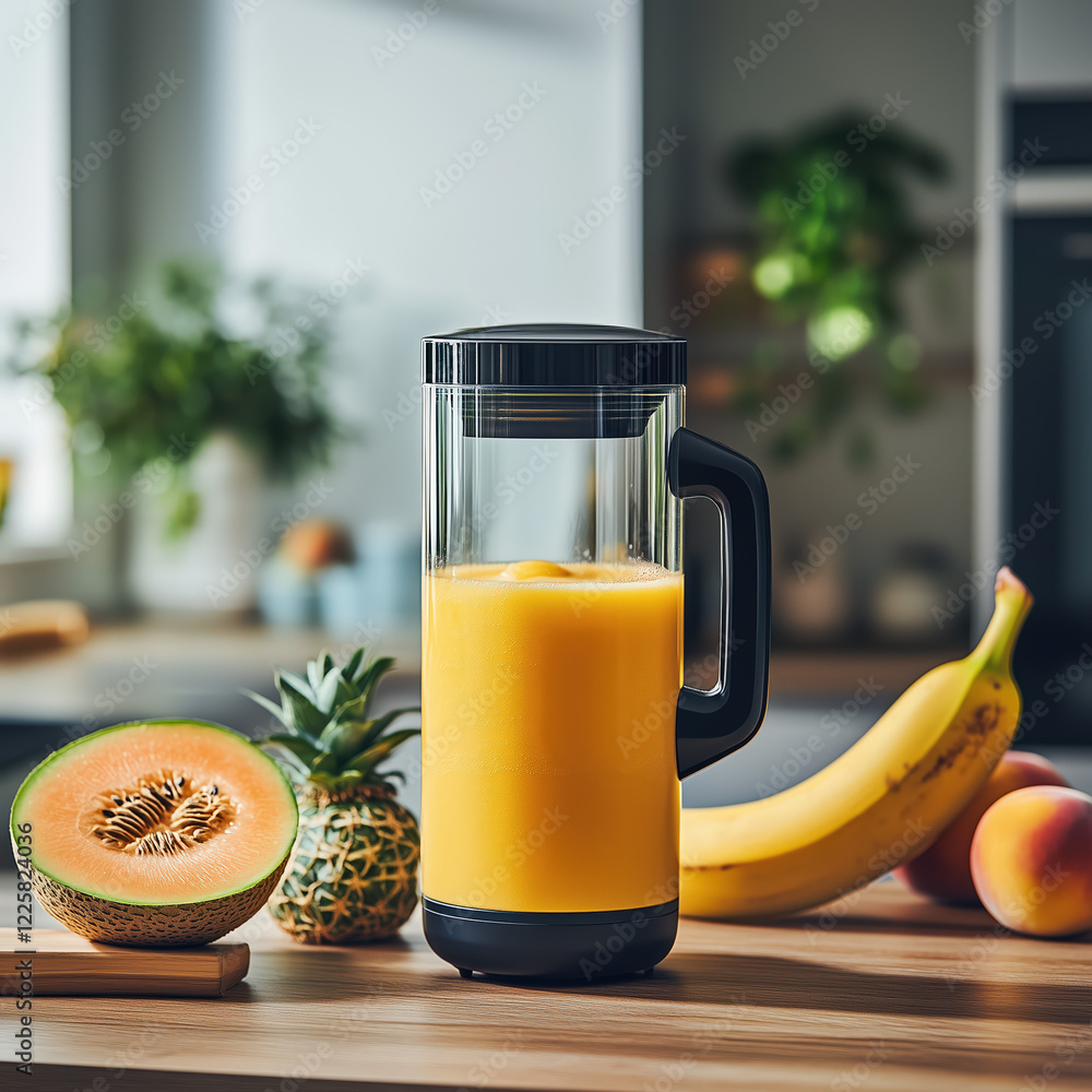 Close-up of a vibrant yellow smoothie in a sleek, modern kitchen.