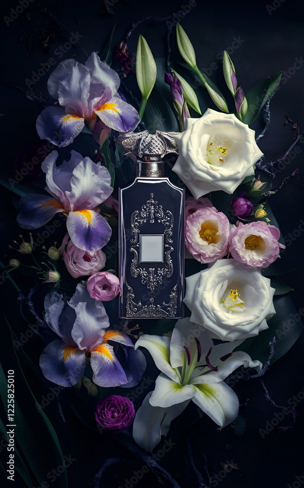 beautiful dark style fine art with fragrance bottle and flowers at black background. flat lay. Ai generated.